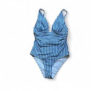 Tummy Control Blue And White Striped One Piece Swim Suit Large